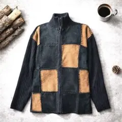 希少✨豚革×リブニット パッチワークジャケット 黒茶 F