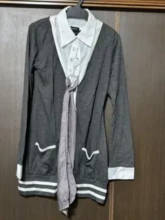 グレー 長袖カットソー リボン ボタン付き