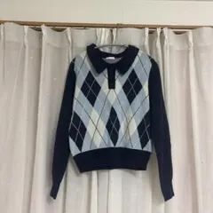 ダイヤモンド柄 長袖ポロニット