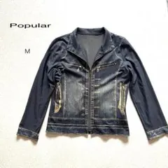 【Popular】全てプリント加工デニムジャケット風ライトアウターM前ファスナー