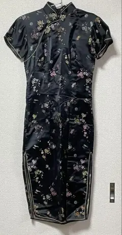 チャイナドレス 花柄刺繍 ブラック チャイナ服　コスプレ
