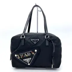 【PRADA】ハンドバッグ　三角ロゴプレート　ビジュ　ナイロン　ブラック　南京錠