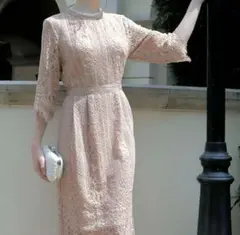 【大きいサイズ 2L】　GIRL　パネル柄総レース五分袖Iラインミモレ丈　ドレス