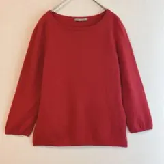 （L）カシミヤ100% ボートネックニット セーター 赤 長袖 プルオーバー