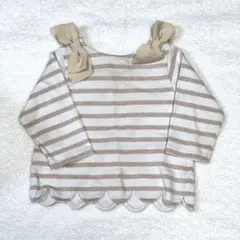 petit main プティマイン　リボン付きボーダーＴシャツ　長袖　カットソー