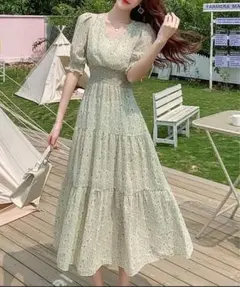 レディース 半袖小花柄ウエストシャーリングリゾートワンピース 韓国