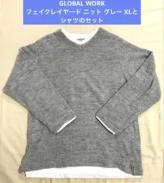 GLOBAL WORK フェイクレイヤード ニット グレー XLとシャツのセットのサムネイル
