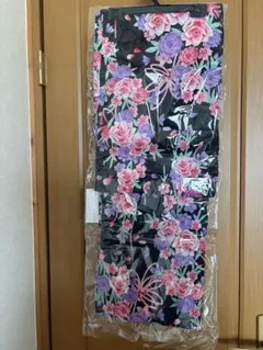 【未使用】花柄 浴衣単品 黒地 ピンク 紫