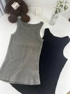 リブタンクトップ 2枚セット カーキ ブラック Mサイズ