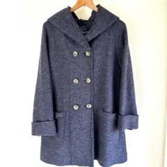 ネイビー ダブルブレスト ウールコート フード付き ミドル丈