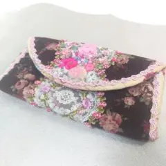 フラワー刺繍 レース クラッチ ポーチ ハンドメイド