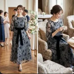 パーティードレス 花柄 裏地付き Aライン ロング丈 フォーマル 結婚式 L