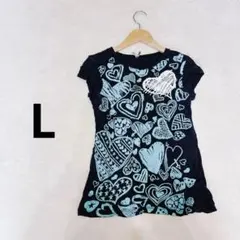 ハート柄 半袖Tシャツ Lサイズ 黒　青　ブラック　レディース　海外古着