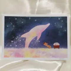 カピバラとイルカの幻想的な風景画 オイルパステル画 原画　はがきサイズ　#200