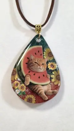 やるゼロスイカねこのかわいいネックレス　　特大サイズ☆　茶トラ　ねこアクセサリー