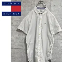 tommy hilfiger半袖シャツ 総柄 ワンポイント刺繍ロゴ 白×水色