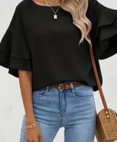 【新品未使用品】クルー ネック ブラウス フレア袖☆ レディース