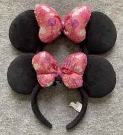 ディズニー　カチューシャ　スパンコール　リボン　ピンク　ミニー　水玉　ペア　２つ