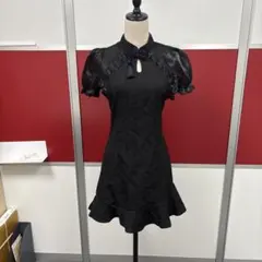 チャイナドレス ブラック 半袖 膝丈 フリルS-M