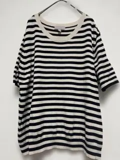 H&M レディースクルーネック半袖ニットブラック&ベージュボーダー EUR XL