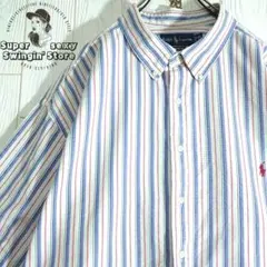 ラルフローレン 半袖シャツ 3XL相当 ブルー ストライプ ボタンダウン 古着