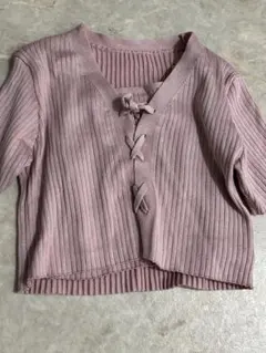 リブ編みピンククロップドカーディガン