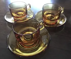 レトロ ヴィンテージ アンバーガラス カップ＆ソーサー3客セット