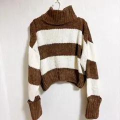 美品✨ブラウンホワイトクロップド丈タートルネックニット【L】