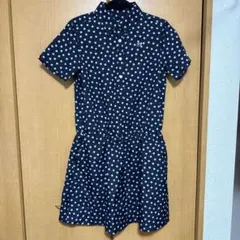 水玉模様 半袖シャツワンピース ネイビー