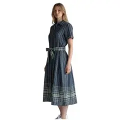 【美品】Mademoiselle NONNON 麻　ストライプ シャツワンピース