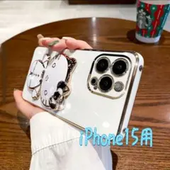 スマホケース　iPhone15用　白　ミラー付き　携帯ケース　7