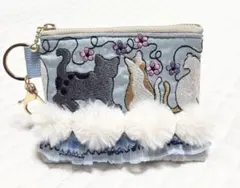 人気　猫　インド刺繍リボン　ポーチ　ヌビ　水色　ファー付き　ネコ　ハンドメイド