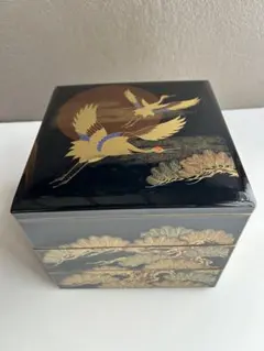(美品)重箱 3段 黒塗 内朱塗 鶴蒔絵 沈金 和食器 正月