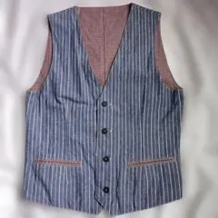 TAKAQ リバーシブルベスト デニム調ストライプ / ベージュ千鳥格子 M