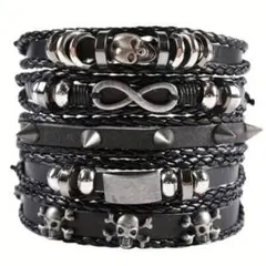 パンク ロック系 ブレスレット 5点セット スカル スタッズ 多重巻き 男女兼用