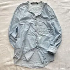 ザラベーシック【S】デニムシャツ バンドカラー ウォッシュ加工 綿100 着回しのサムネイル
