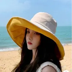 つば広帽子　白　UVカット紫外線防止日焼け防止　バケットハット　リバーシブル