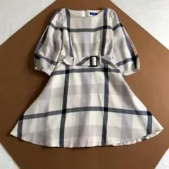 ブルーレーベルクレストブリッジ　メガチェック　七分袖ワンピース　ベルト付　フレア