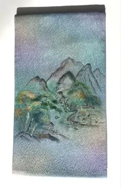 正絹袋帯♦︎作家物節子♦︎ふくれ織♦︎水色、紫、玉子色のグラデーション♦︎山の風景