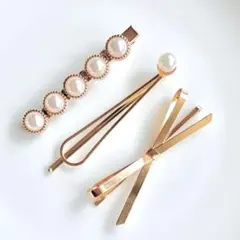 上品パール×リボンデザイン ヘアクリップ3個セット