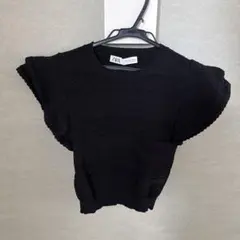 ZARA ザラ フリルスリーブ 透かし編み サマーニット ブラックのサムネイル