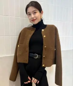 新品アニュアンス ラクーンブレンドノーカラーニットジャケット