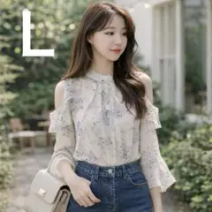 花柄シフォンブラウス オフショル 肩開き フリル 透け感 韓国 清楚 デート映え