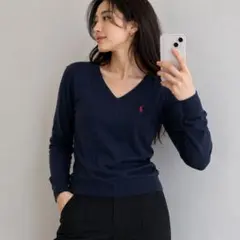 RALPH LAUREN Vネック ニット セーター 短丈 ネイビー Mのサムネイル