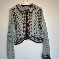 美品⭐︎透かし編み クロップドカーディガン グレー×ブラウン