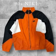 【NIKE】90's ナイロンジャケット銀タグロゴオレンジ黒ナイキ古着メンズL