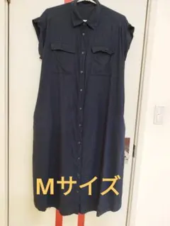 GU　リネンブレンドシャツワンピース[半袖]+E　ネイビー　Мサイズ