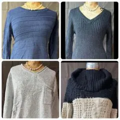 レディース　ニット　Mサイズ ネイビー ストライプ 長袖ニット 薄地　まとめ