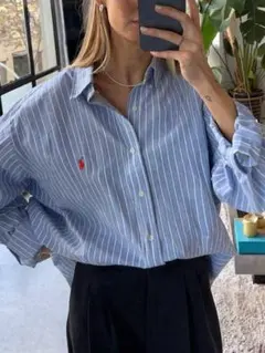 極美品】ポロラルフローレン定番ブルーストライプリネンシャツオーバーサイズポニー