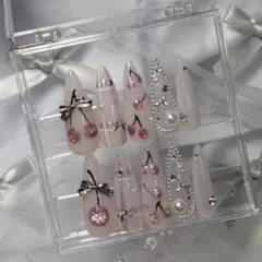 96【サイズオーダー】ネイルチップ　さくらんぼ　春　フレンチガーリー　量産